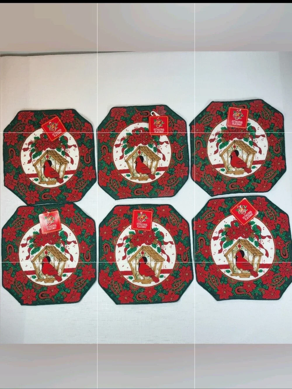 Franco Quilted Christmas Cardinal PLACEMATS Lot of 6 Birdhouse Poinsettias NOS